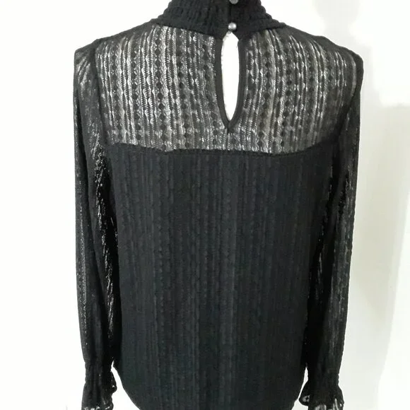 Adrianna Papell lovely dark black sheer neckline long sleeve top size M - Picture 7 of 11